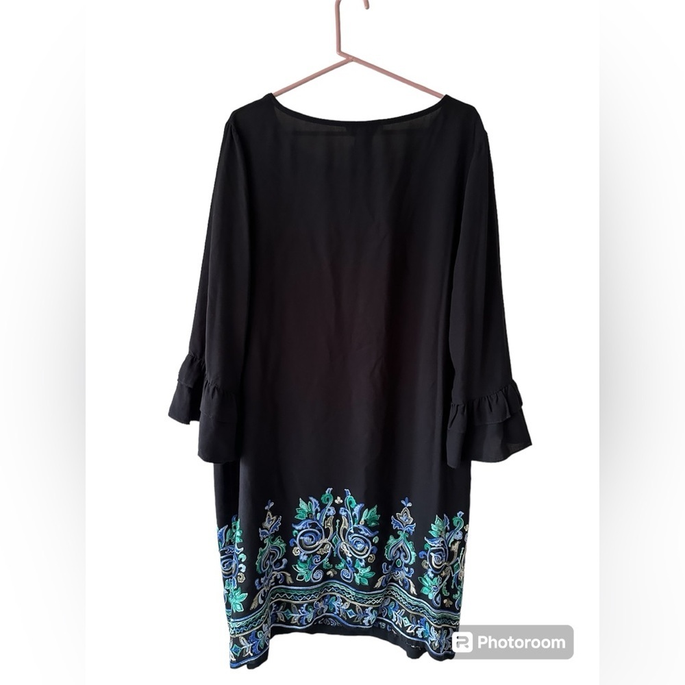 MIDNIGHT VELVET Embroidered Floral Print Black  Dress Ruffle Sleeves Size 18W